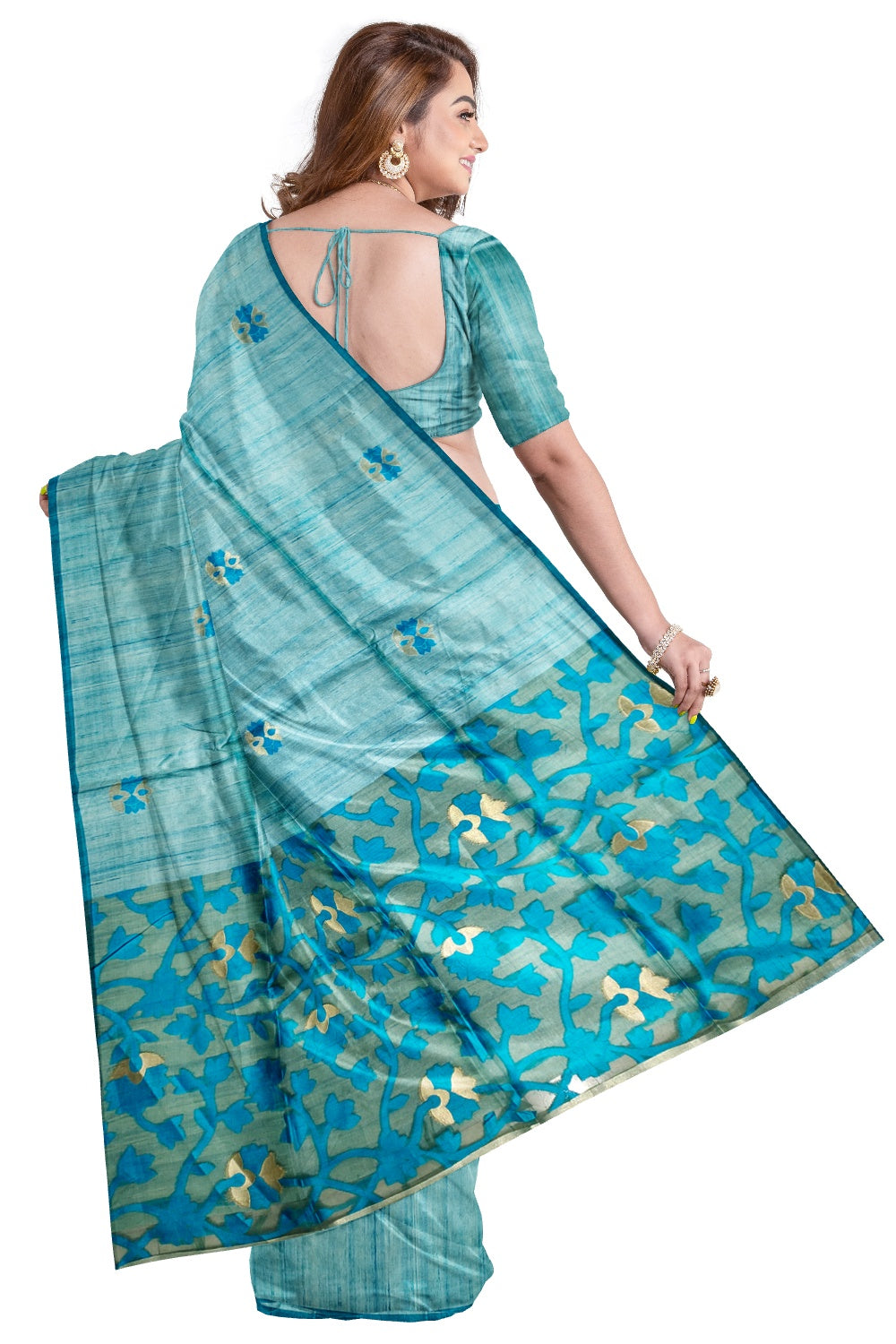 Southloom Semi Tussar Blue Designer Saree with Organza Design Pallu