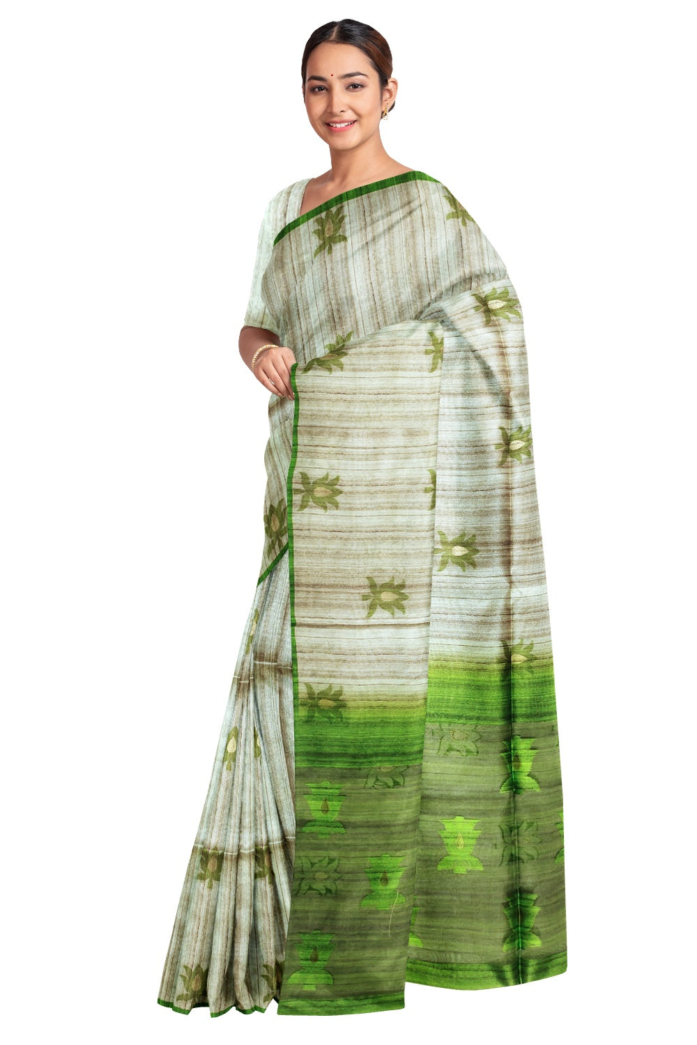 Southloom Semi Tussar Beige Designer Saree with Light Green Organza Design Pallu
