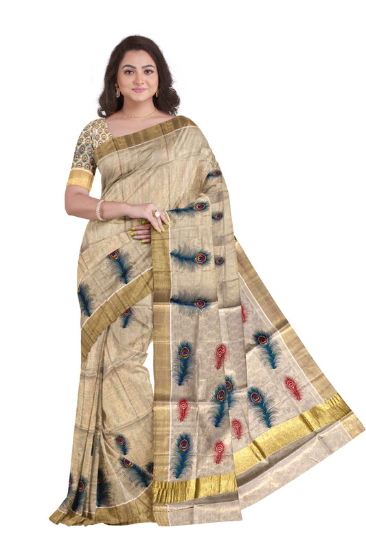 Kerala Tissue Kasavu Saree With Mural Peacock Feather Design (with Printed Design Blouse)
