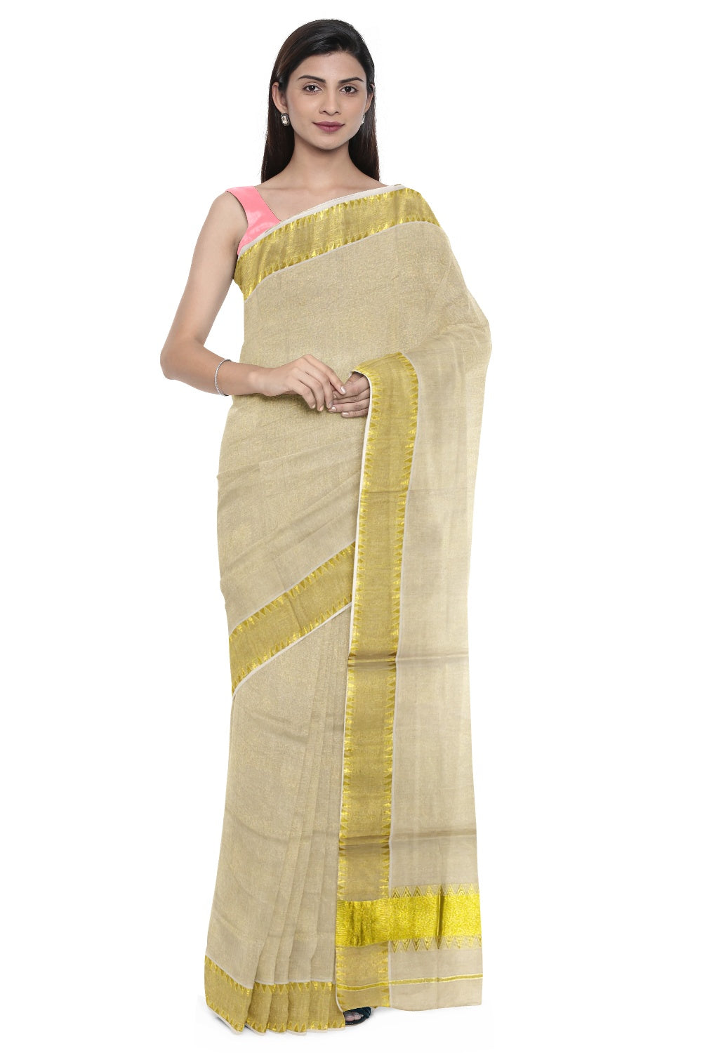 Kerala Tissue Kasavu Plain Saree With 4 Inch Temple Border