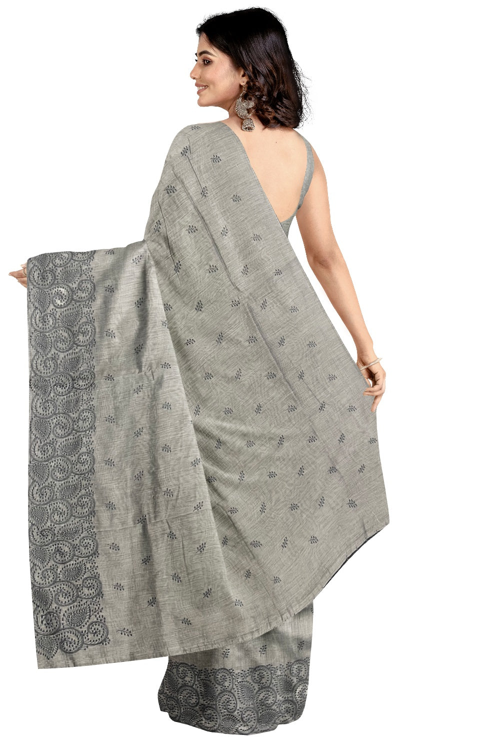 Southloom Grey Cotton Designer Saree with Embroidery Work