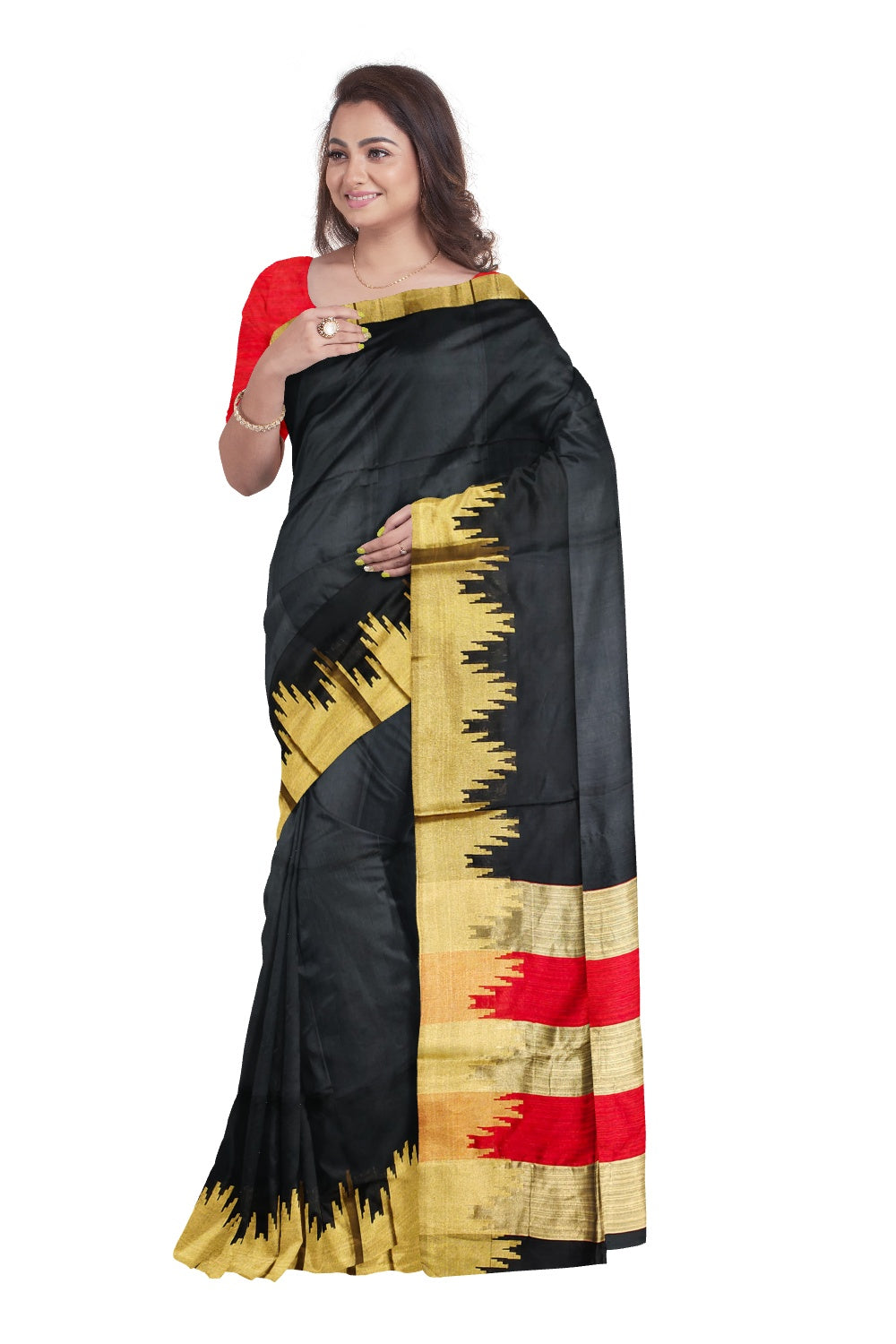 Southloom Semi Tussar Black Kasavu Designer Saree with Red Pallu
