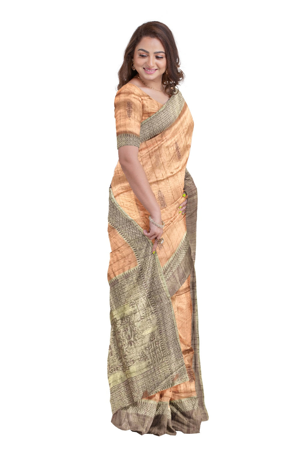 Southloom Sandal Semi Tussar Designer Saree with Light Brown Border