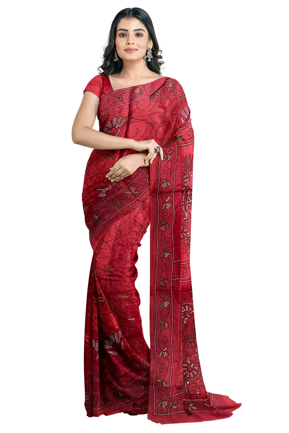 Southloom Kantha Thread Work Designer Dark Red Saree