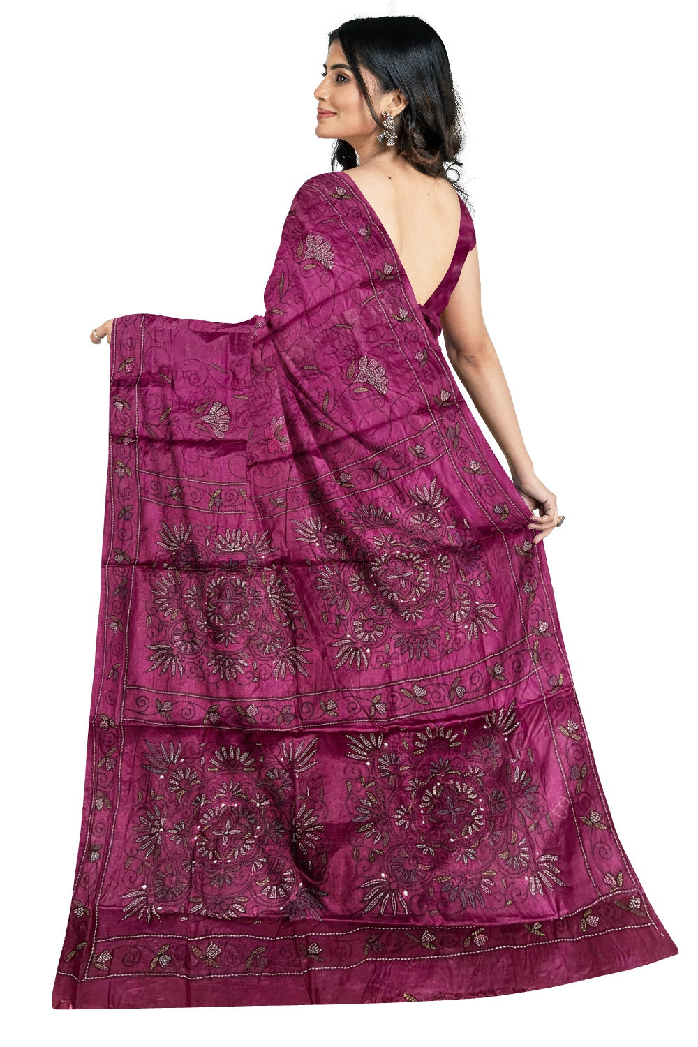 Southloom Kantha Thread Work Designer Wine Purple Saree