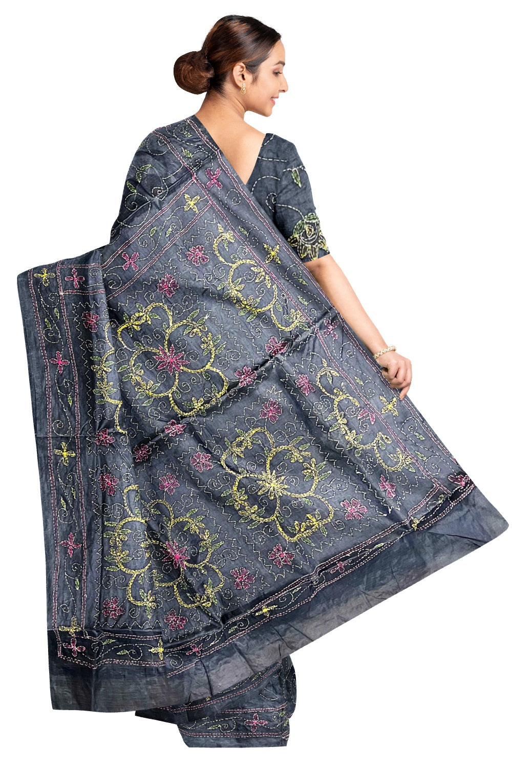 Southloom Kantha Thread Work Designer Grey Saree