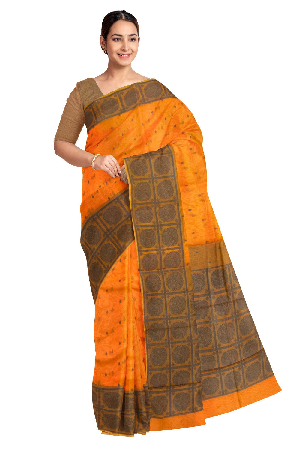 Southloom Sico Gadwal Semi Silk Saree in Orange and Grey with Peacock Motifs (Blouse Piece with Work)