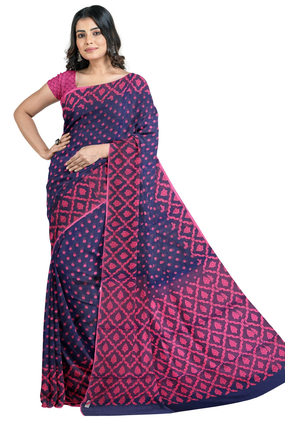 Southloom Sico Gadwal Semi Silk Saree in Dark Blue and Violet with Floral Motifs (Blouse Piece with Work)