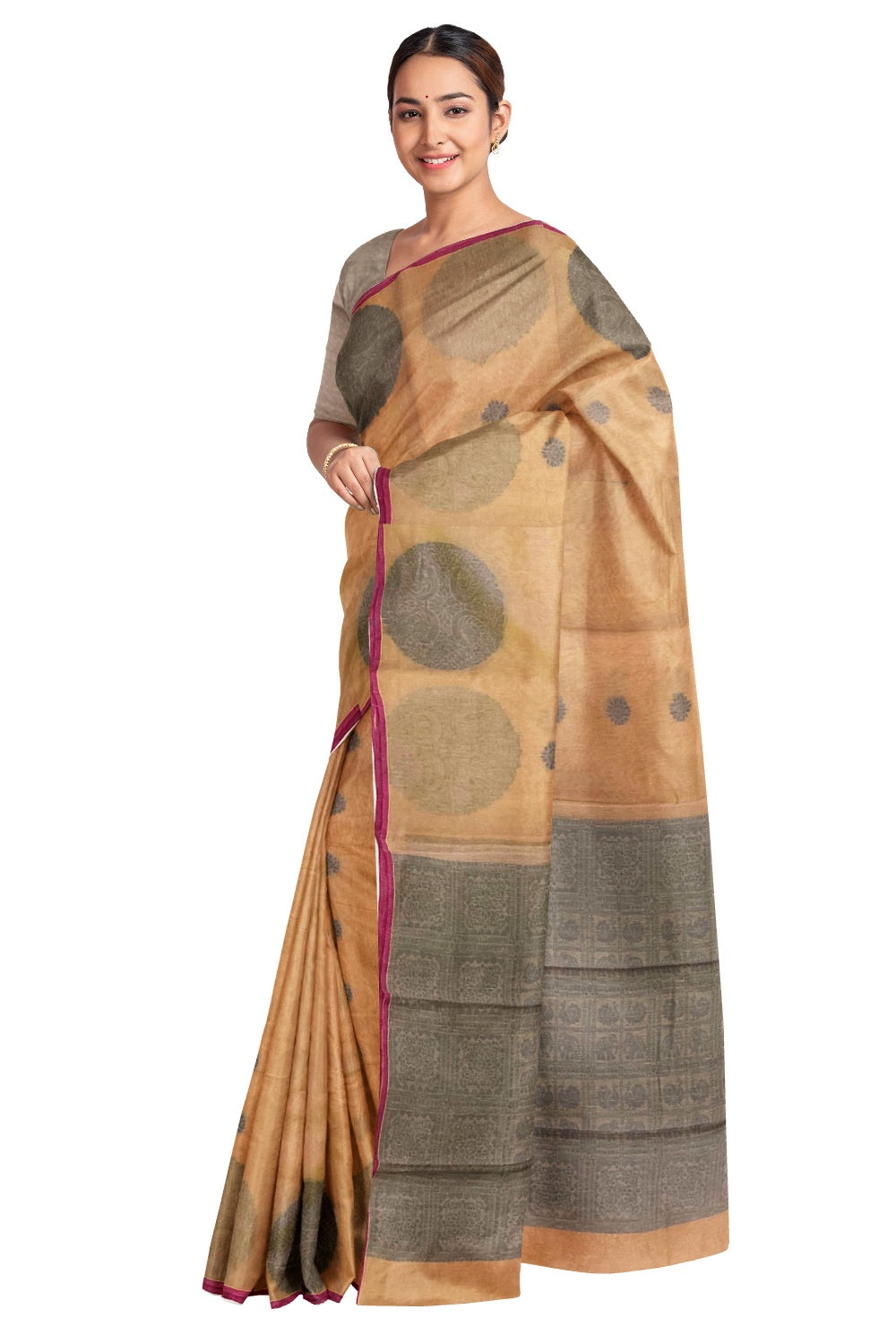 Southloom Sico Gadwal Semi Silk Saree in Light Brown and Grey with Elephant Motifs (Blouse Piece with Work)