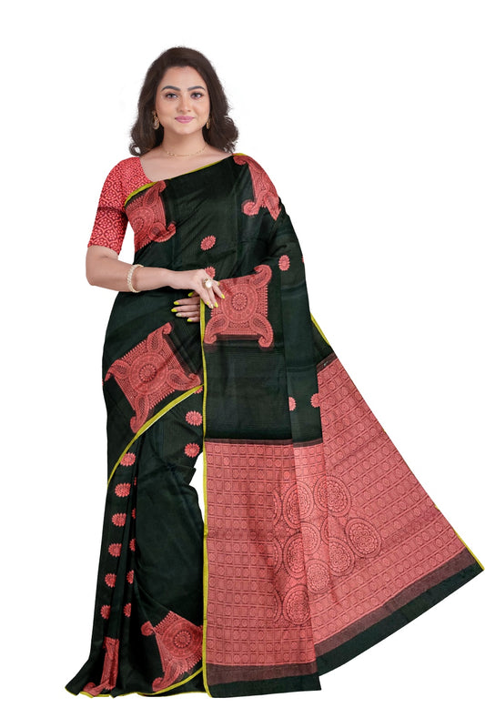 Southloom Sico Gadwal Semi Silk Saree in Black and Pink with Floral Motifs (Blouse Piece with Work)