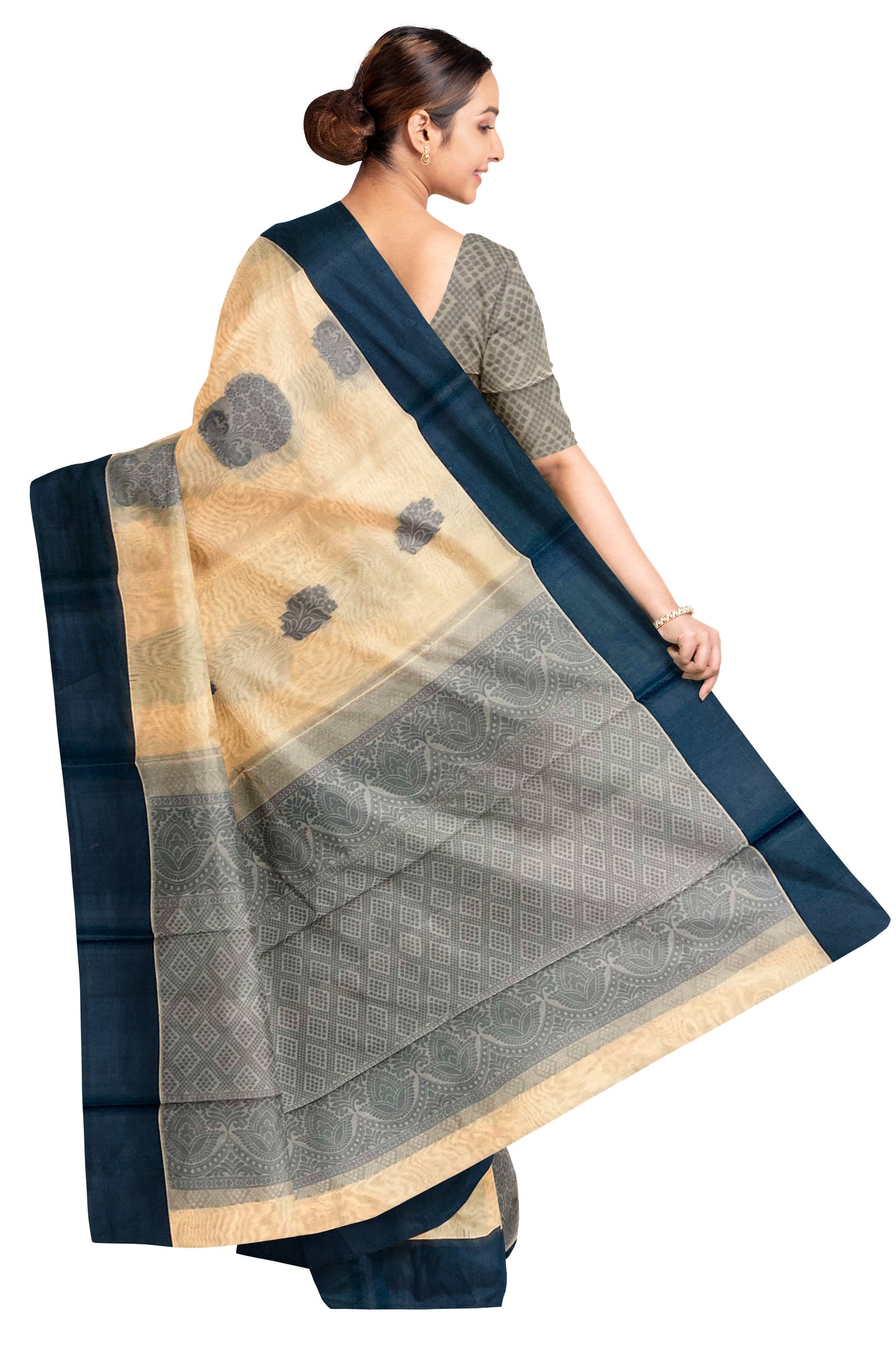 Southloom Sico Gadwal Semi Silk Saree in Cream and Dark Blue with Floral Motifs (Blouse Piece with Work)