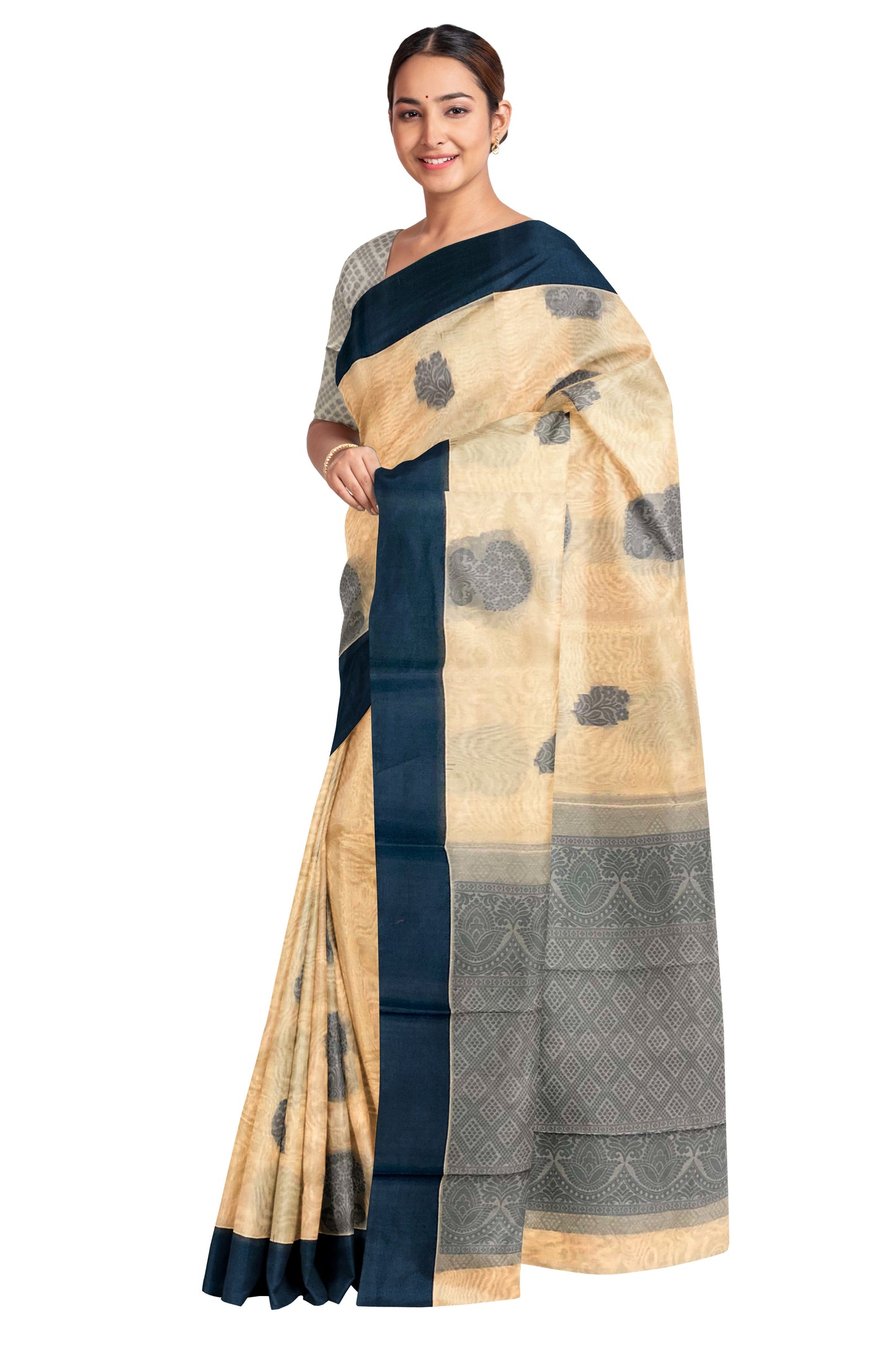 Southloom Sico Gadwal Semi Silk Saree in Cream and Dark Blue with Floral Motifs (Blouse Piece with Work)