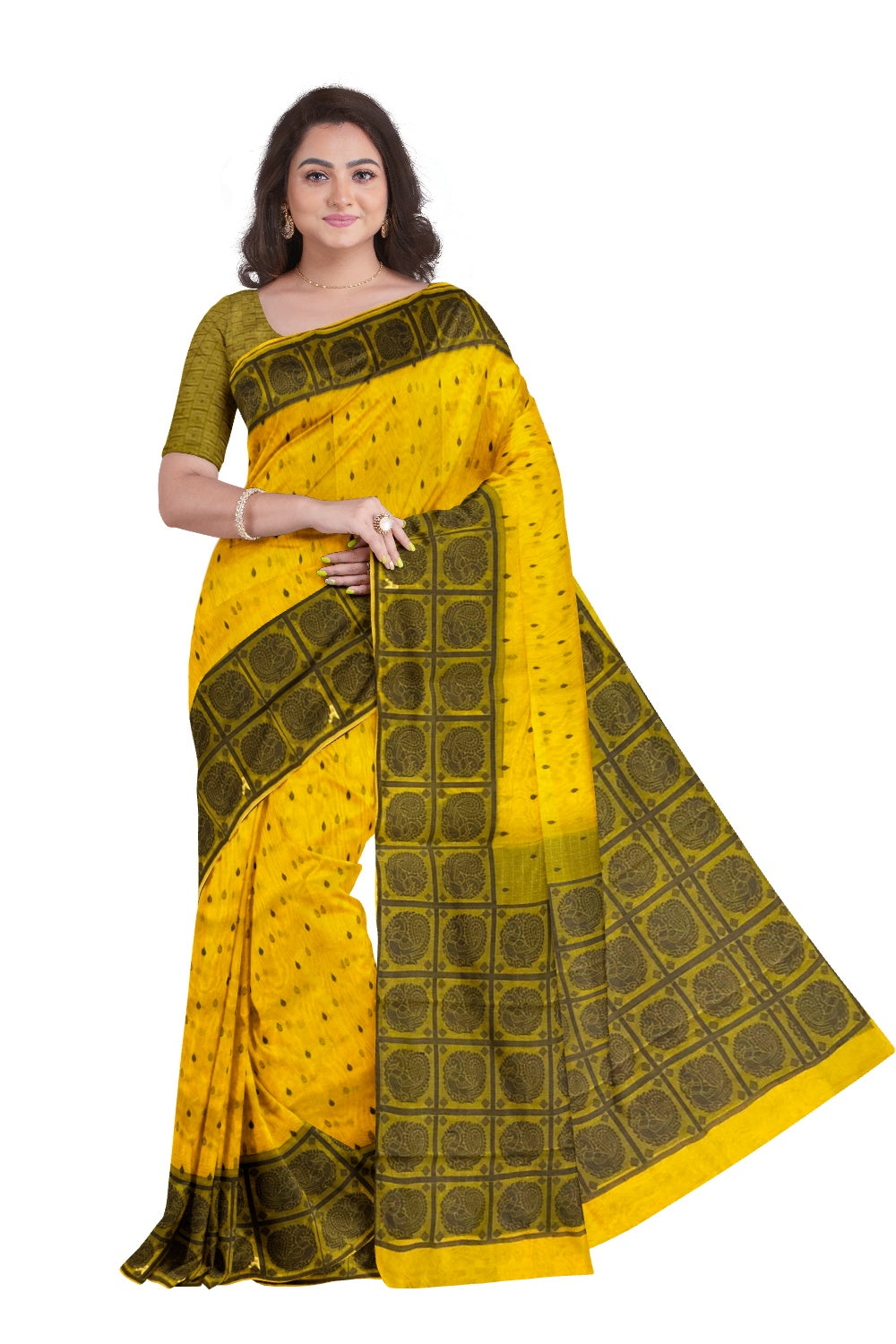 Southloom Sico Gadwal Semi Silk Saree in Mustard Yellow and Olive Green with Peacock Motifs (Blouse Piece with Work)