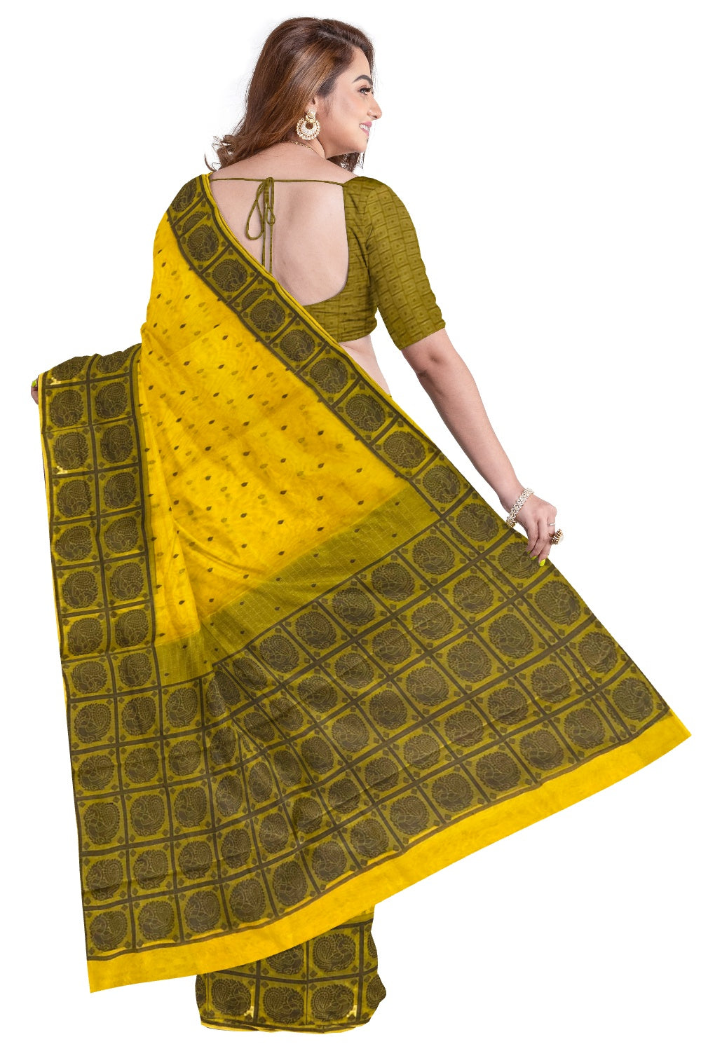 Southloom Sico Gadwal Semi Silk Saree in Mustard Yellow and Olive Green with Peacock Motifs (Blouse Piece with Work)