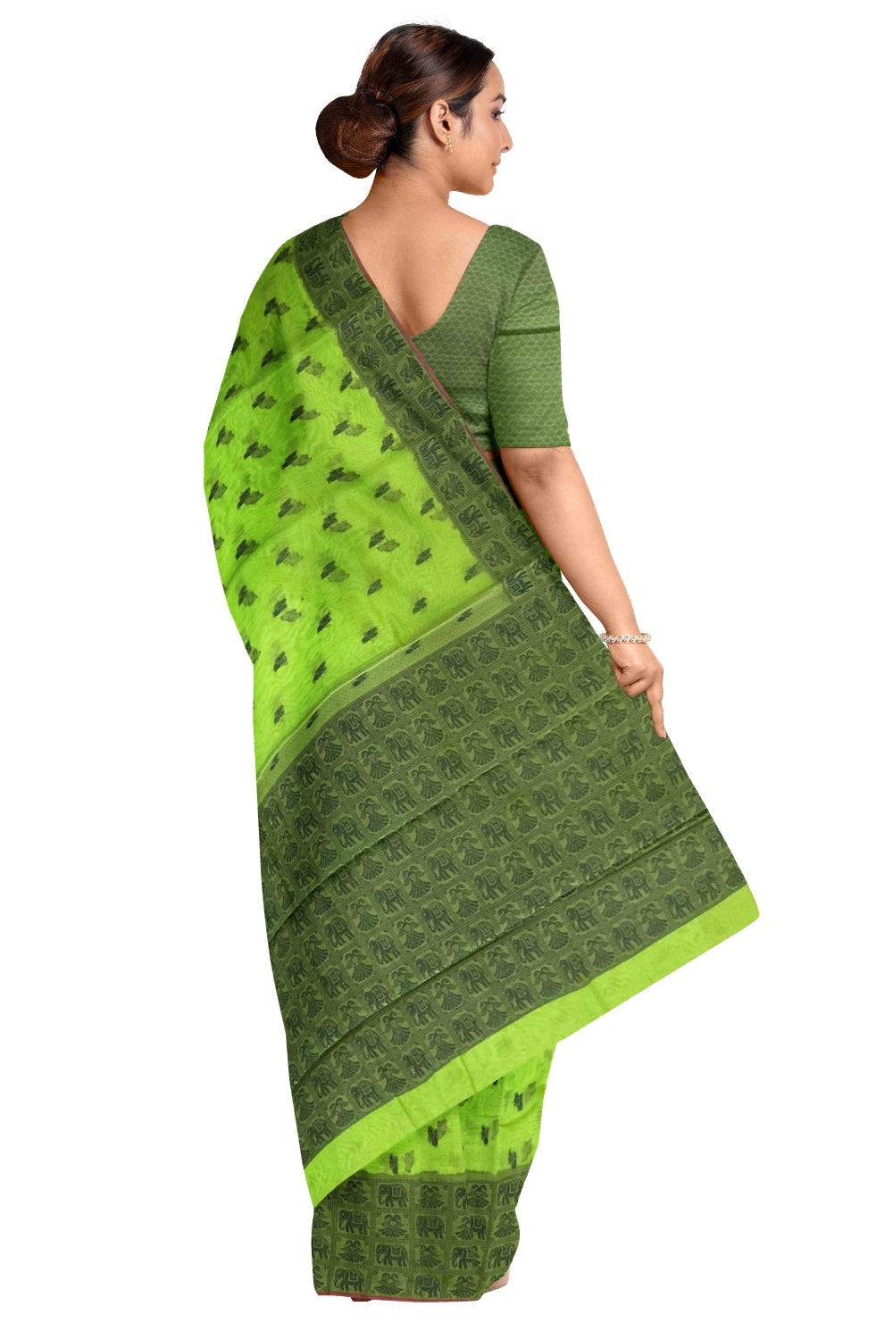 Southloom Sico Gadwal Semi Silk Sarees in Light Green and Green with Elephant Motifts (Blouse Piece with Work)