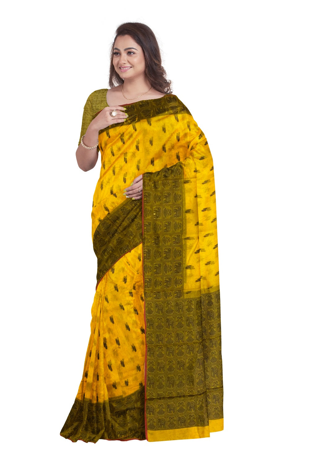 Southloom Sico Gadwal Semi Silk Saree in Mustard Yellow and Olive Green with Elephant Motifs (Blouse Piece with Work)