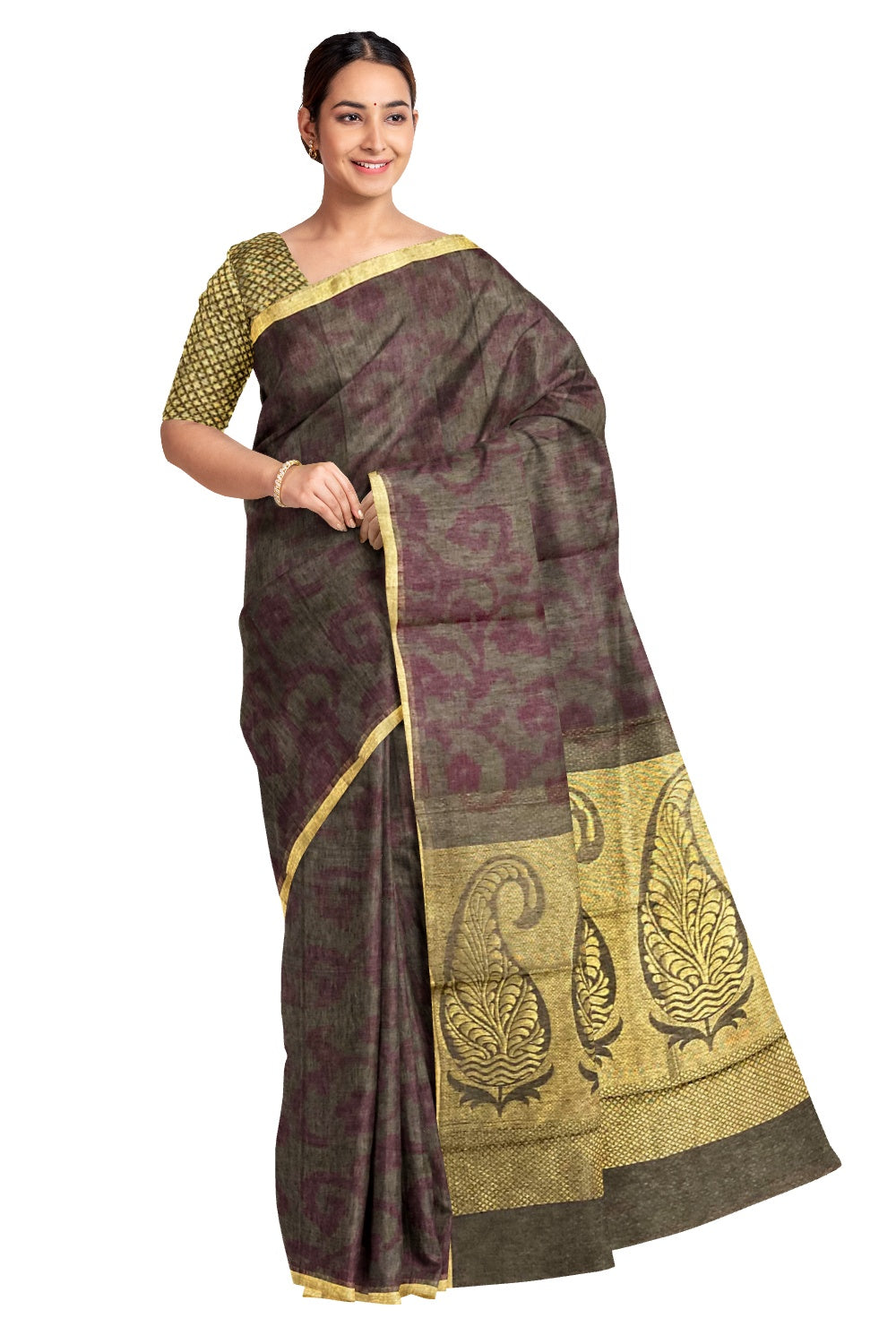 Southloom Sico Gadwal Semi Silk Saree in Purple with Beige Paisley Motifs (Blouse Piece with Work)