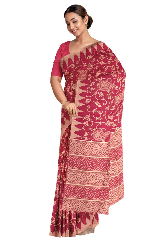 Southloom Semi Jute Pink and Beige Designer Saree with Tassels
