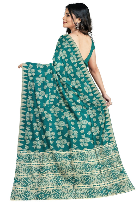 Southloom Semi Jute Green and Beige Designer Saree with Tassels