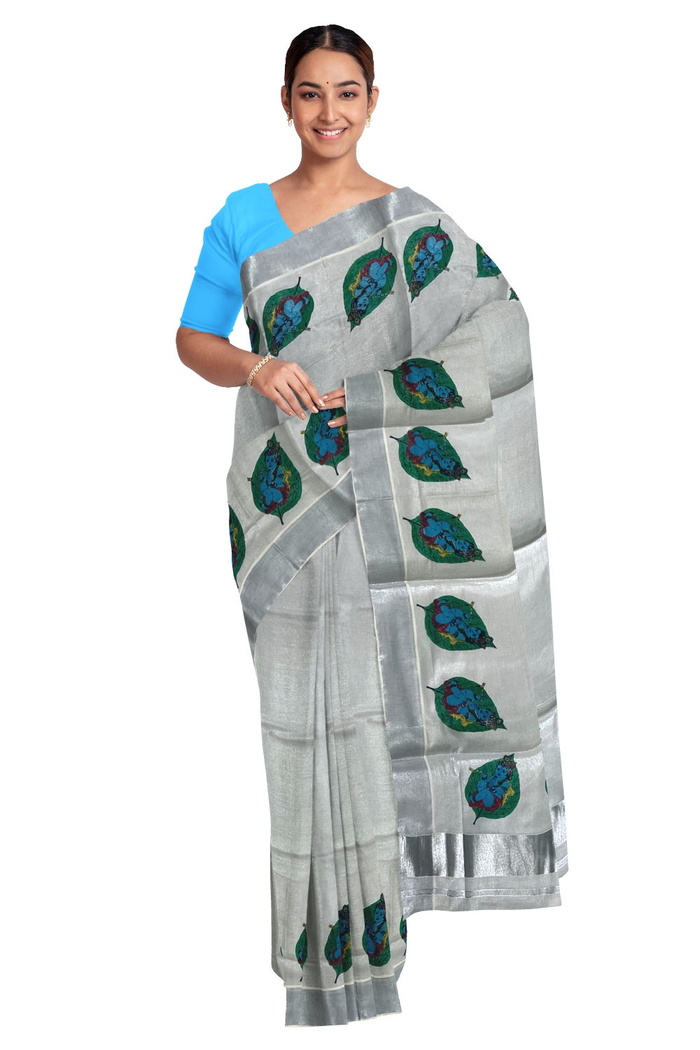 Kerala Silver Tissue Kasavu Onam Saree with Baby Krishna Design