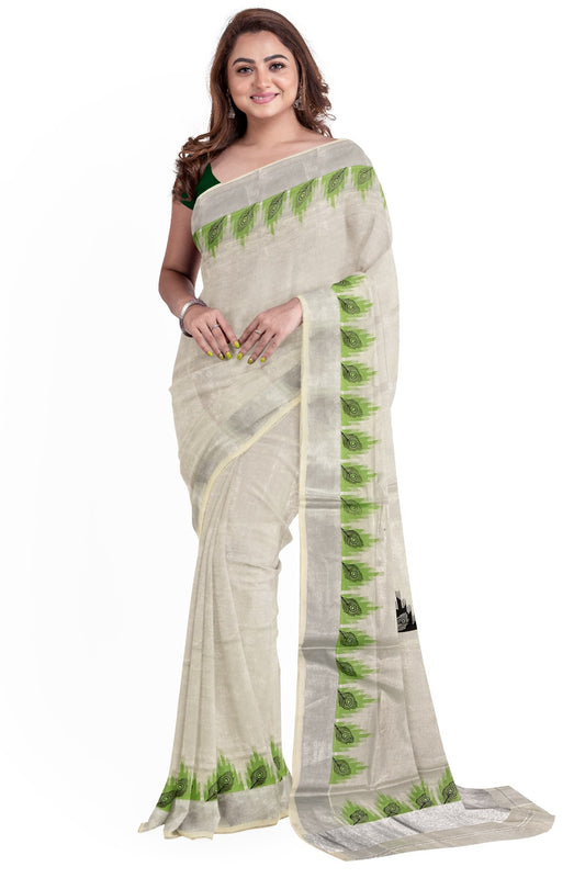 Kerala Silver Tissue Saree with Peacock Feather Mural Print