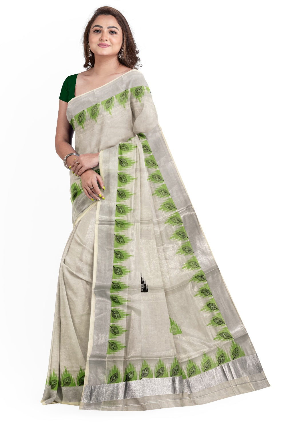 Kerala Silver Tissue Saree with Peacock Feather Mural Print