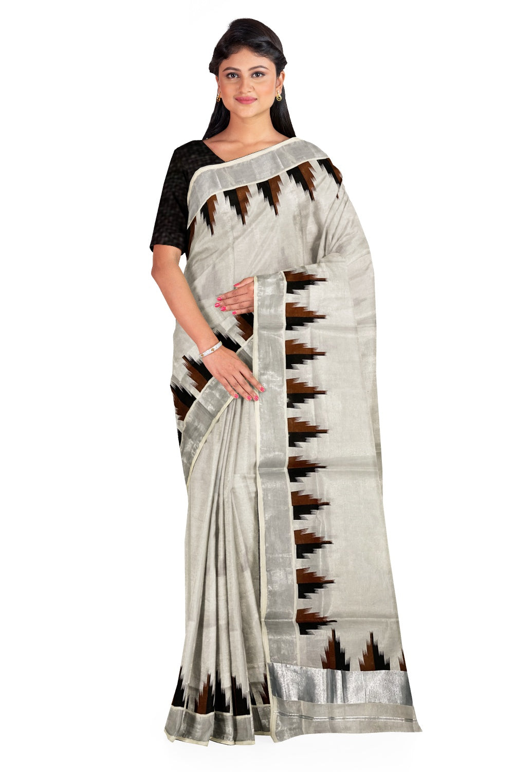 Kerala Silver Tissue Saree with Black and Brown Temple Print