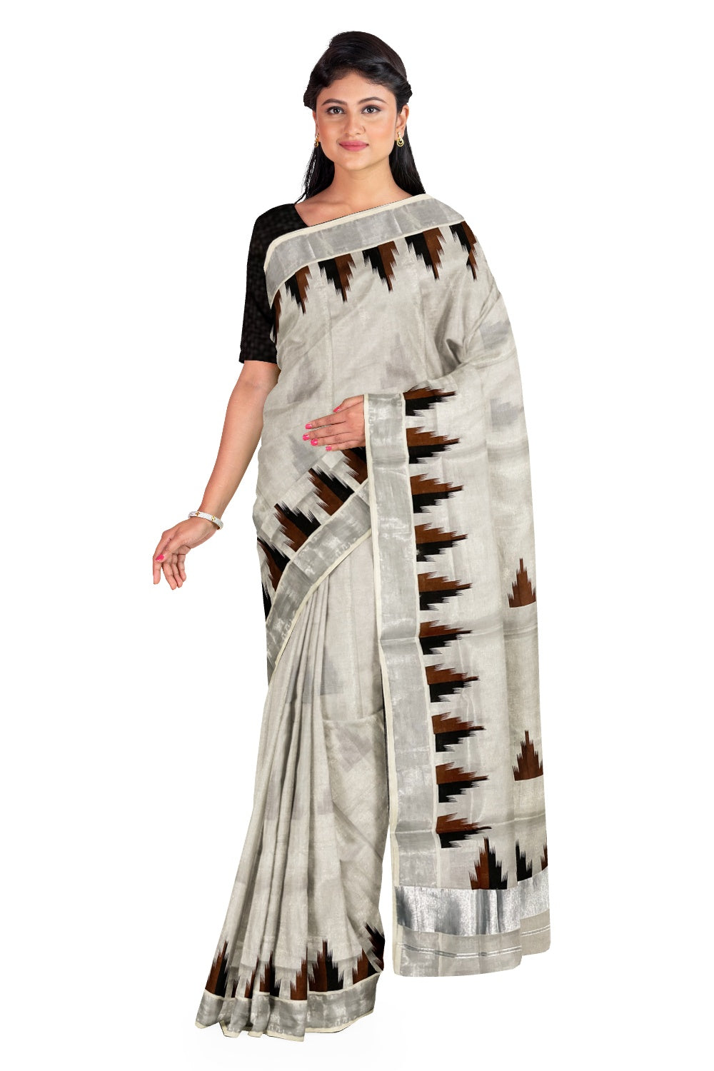 Kerala Silver Tissue Saree with Black and Brown Temple Print