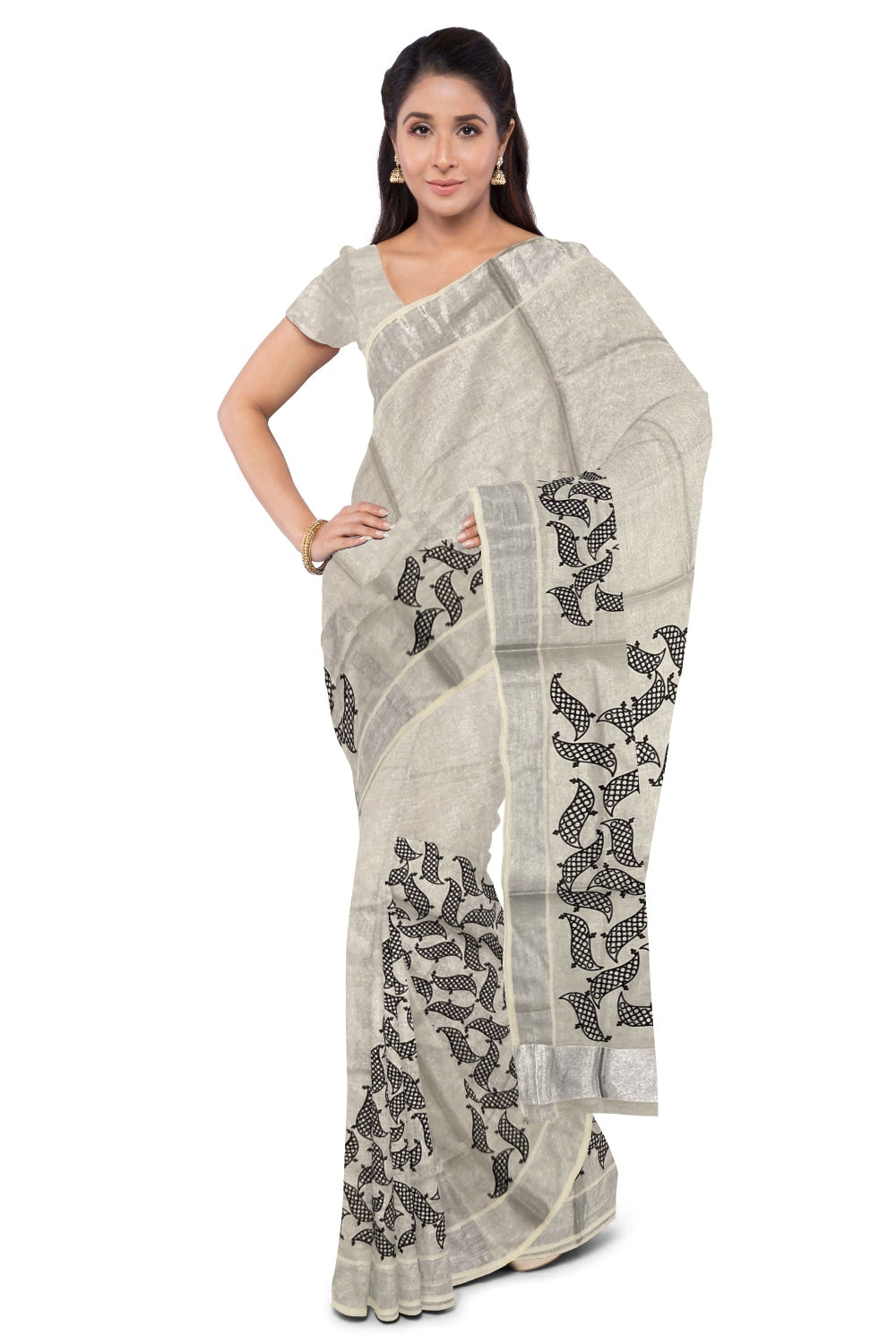 Silver Tissue Saree with Black Mural Print