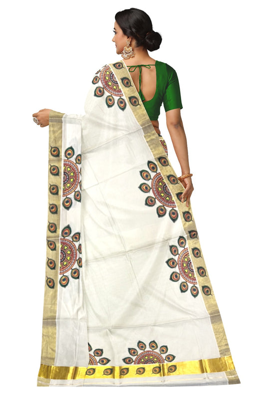 Pure Cotton Kerala Kasavu Saree with Mural Printed Feather Semi Circle Design