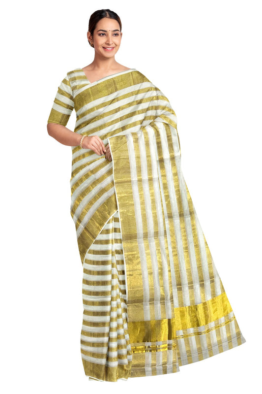 Southloom™ Original Handloom Cotton Kerala Saree with Kasavu Stripes work on Body