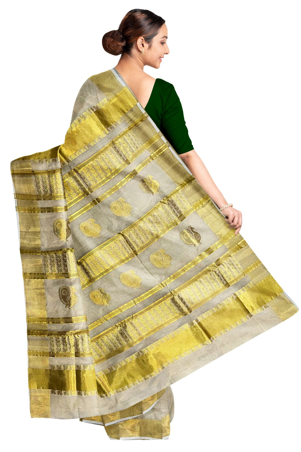 Southloom™ Original Handloom Kasavu Tissue Handwoven Peacock Heavy Work Saree
