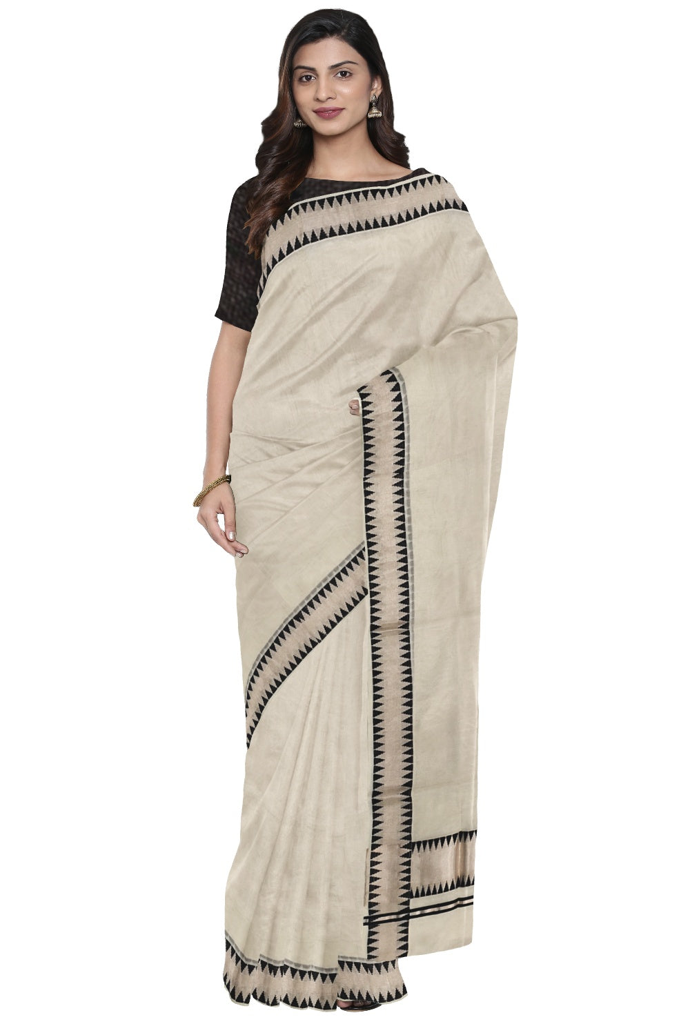 Southloom™ Handloom Silver Kasavu Saree with Black Temple Border