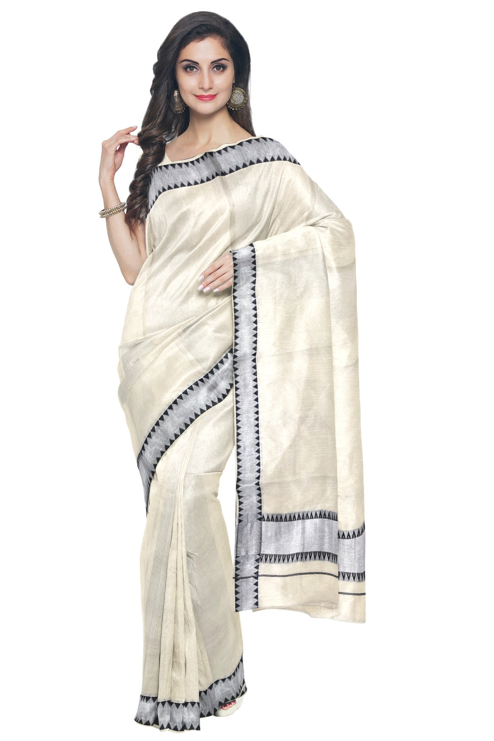 Kerala Silver Kasavu and Black Colour Temple Border Saree