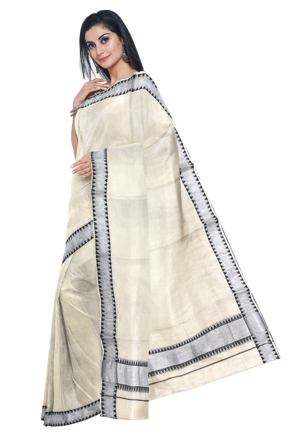 Kerala Silver Kasavu and Black Colour Temple Border Saree