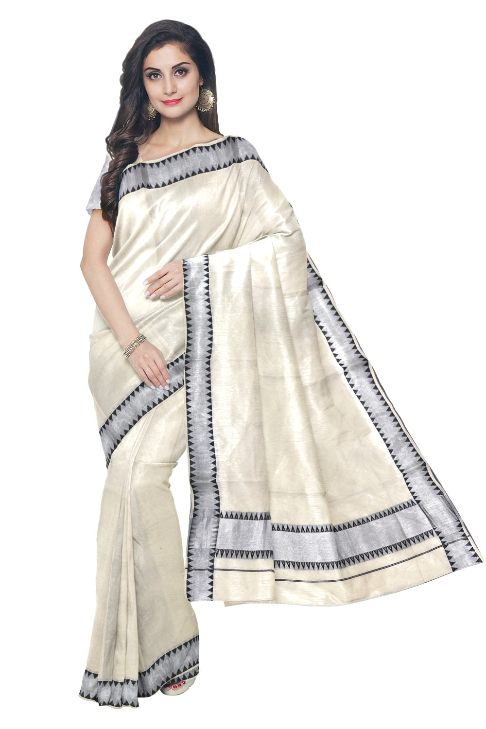 Kerala Silver Kasavu and Black Colour Temple Border Saree