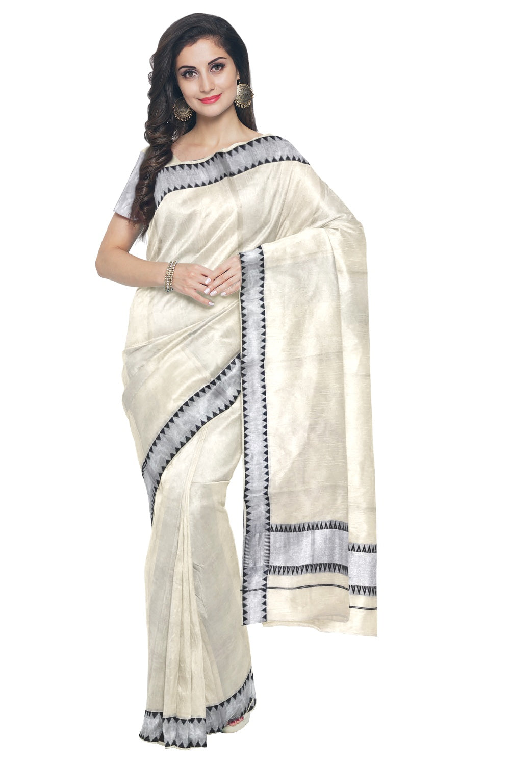 Kerala Silver Kasavu and Black Colour Temple Border Saree