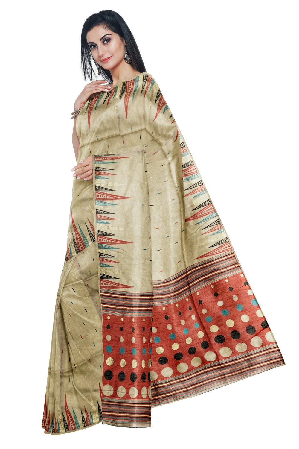 Southloom Tussar Thread Work Beige Designer Saree with Red Pallu