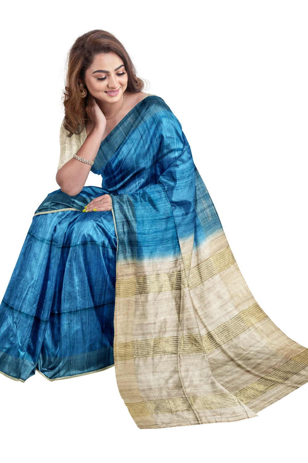 Southloom Tussar Thread Work Blue Designer Saree with Beige Pallu