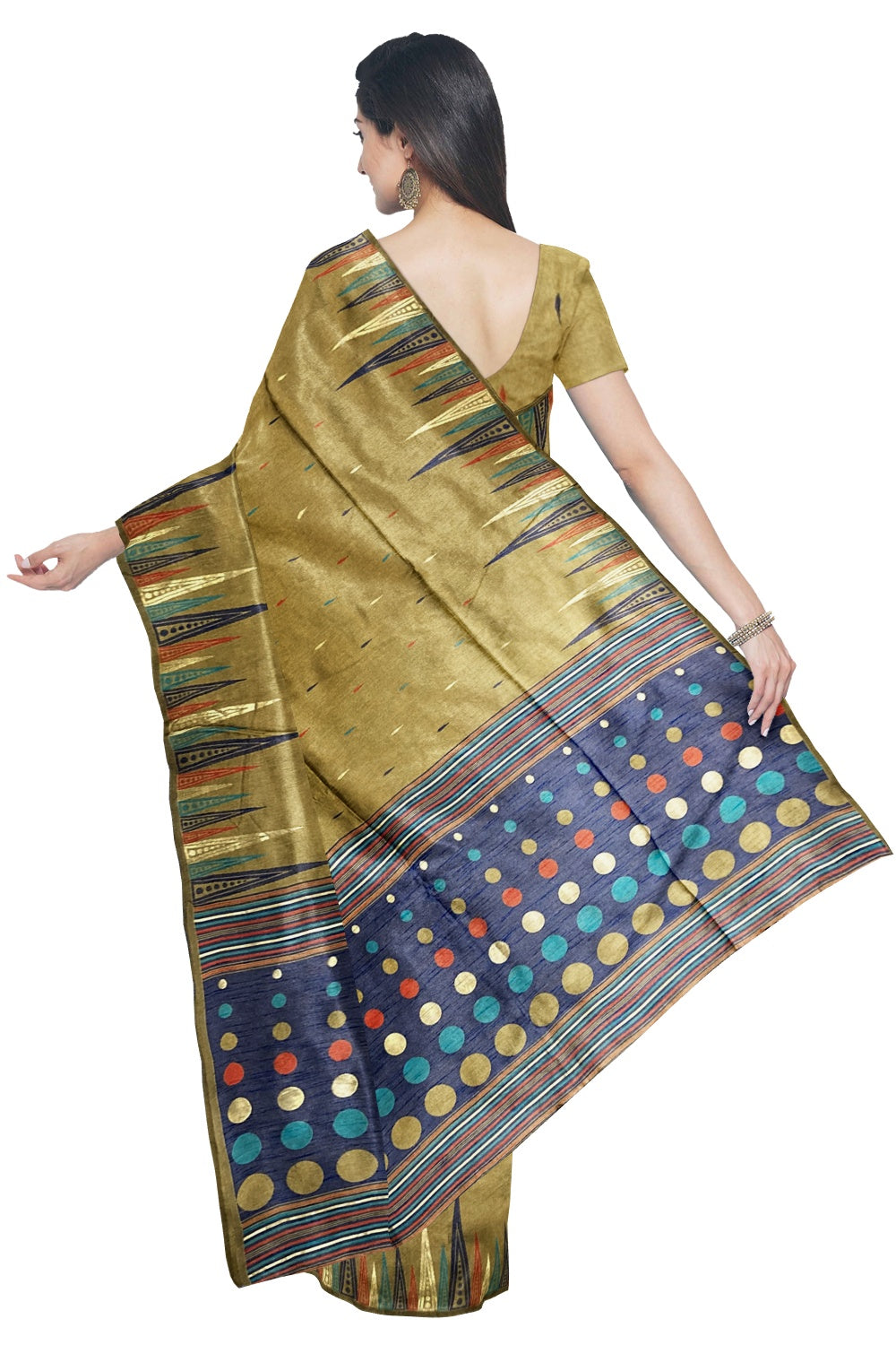Southloom Tussar Thread Work Goldish Brown Designer Saree with Dark Blue Pallu