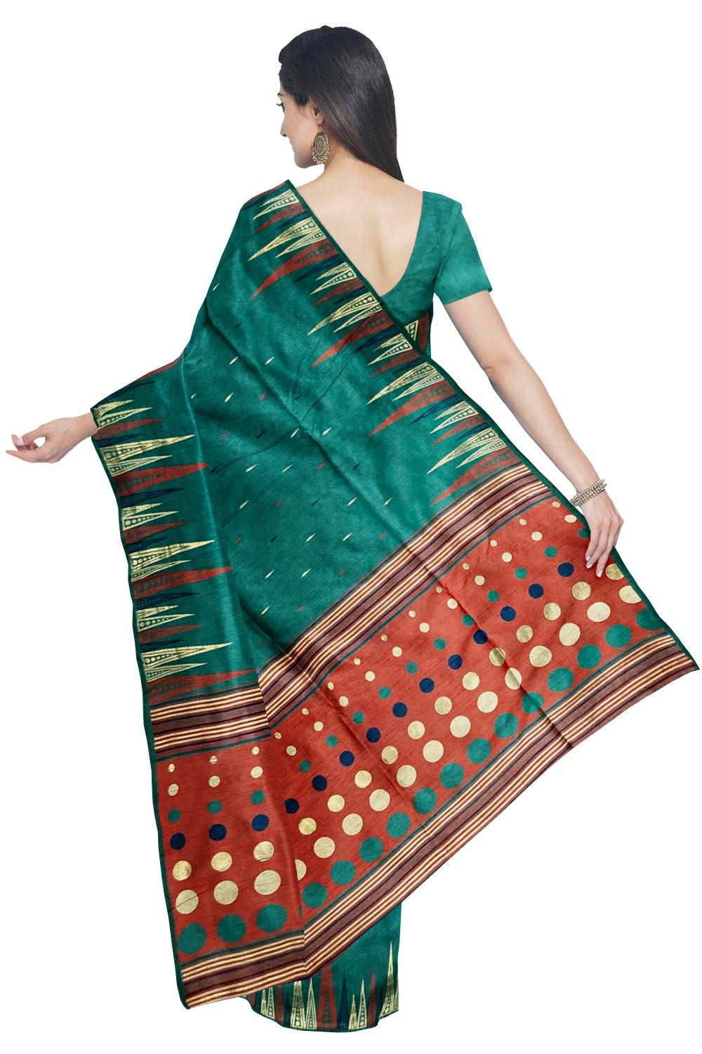 Southloom Tussar Thread Work Green Designer Saree with Red Pallu
