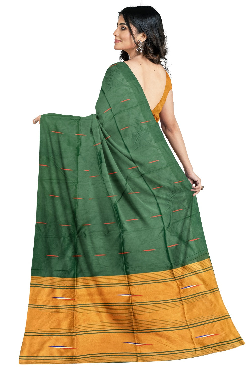 Southloom Tussar Thread Work Green Designer Saree with Orange Pallu