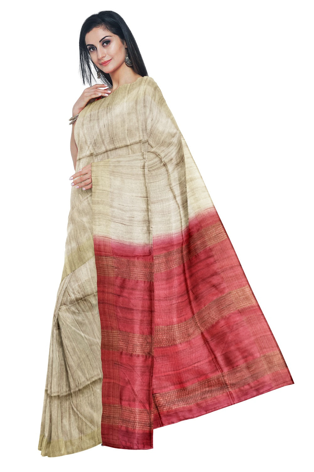 Southloom Tussar Thread Work Beige Designer Saree with Pink Pallu