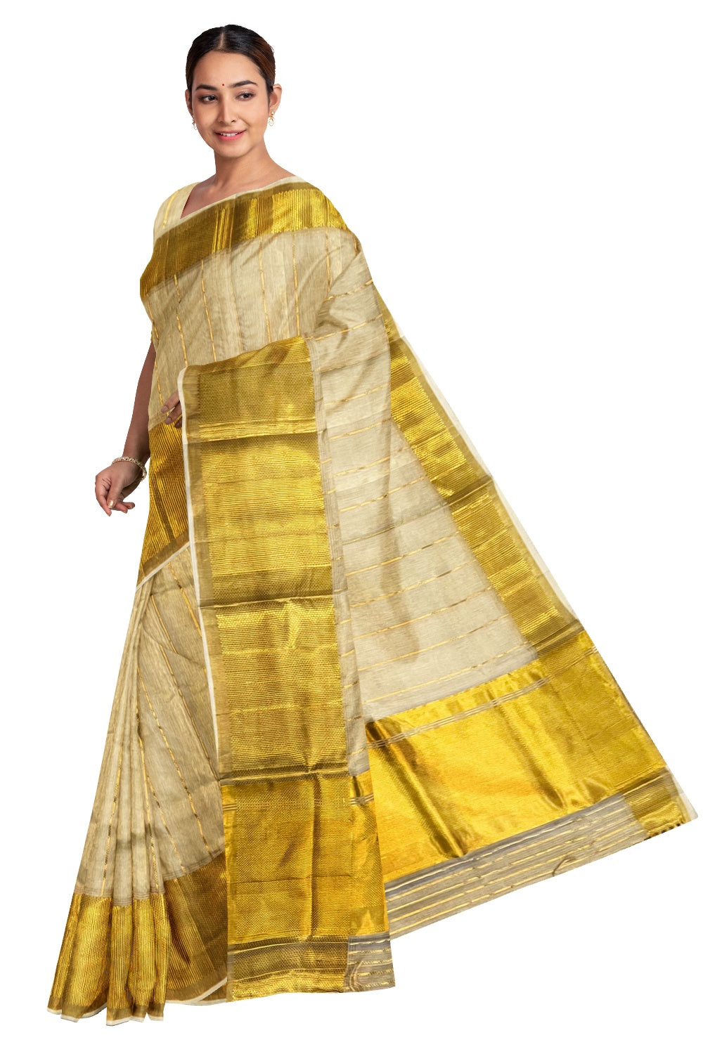 Southloom Premium Kuthampully Handloom Stripes Work Tissue Saree with 12 inch Woven Patterns on Pallu