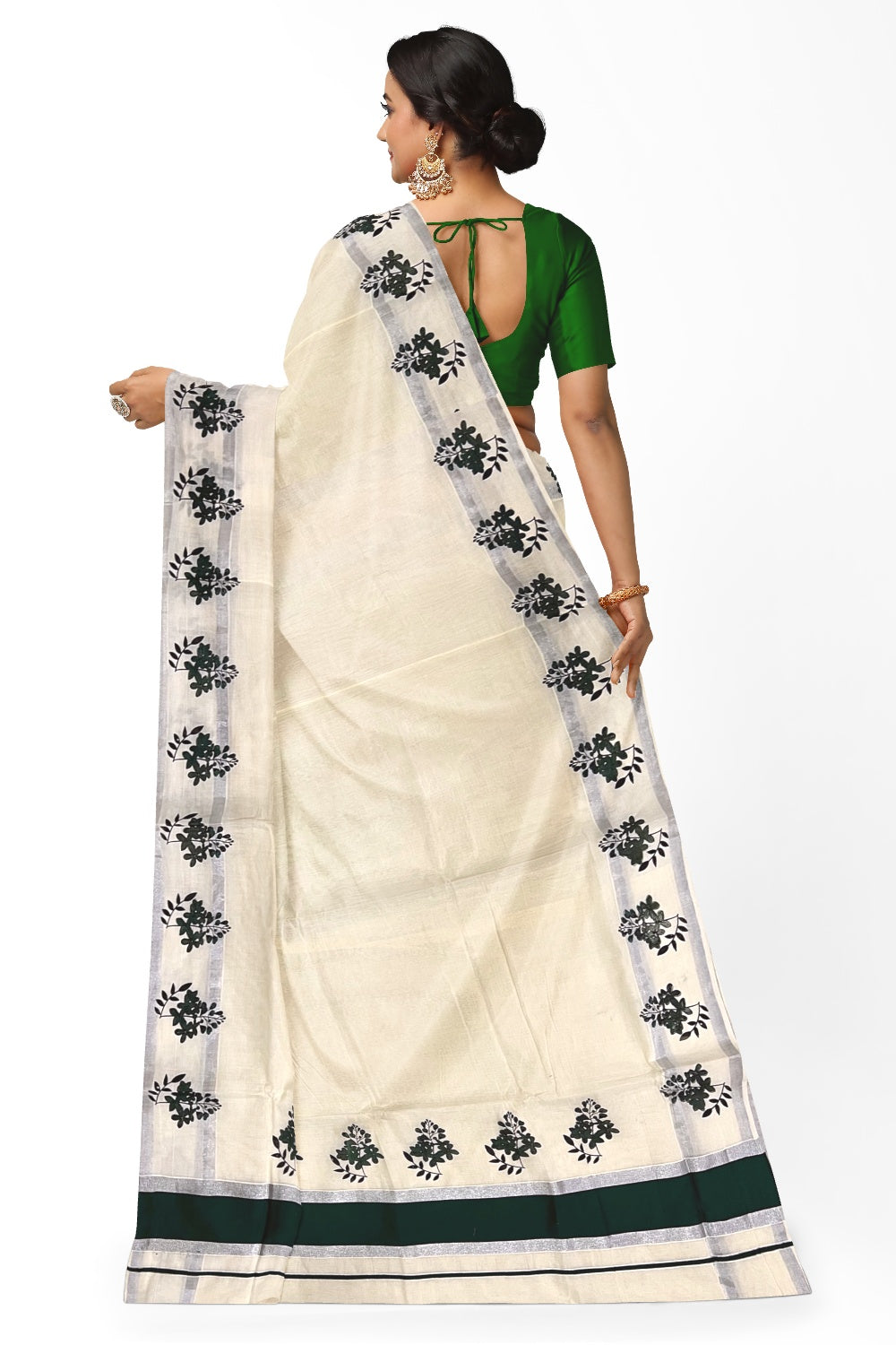 Pure Cotton Kerala Silver Kasavu Saree with Dark Green Floral Block Printed Border