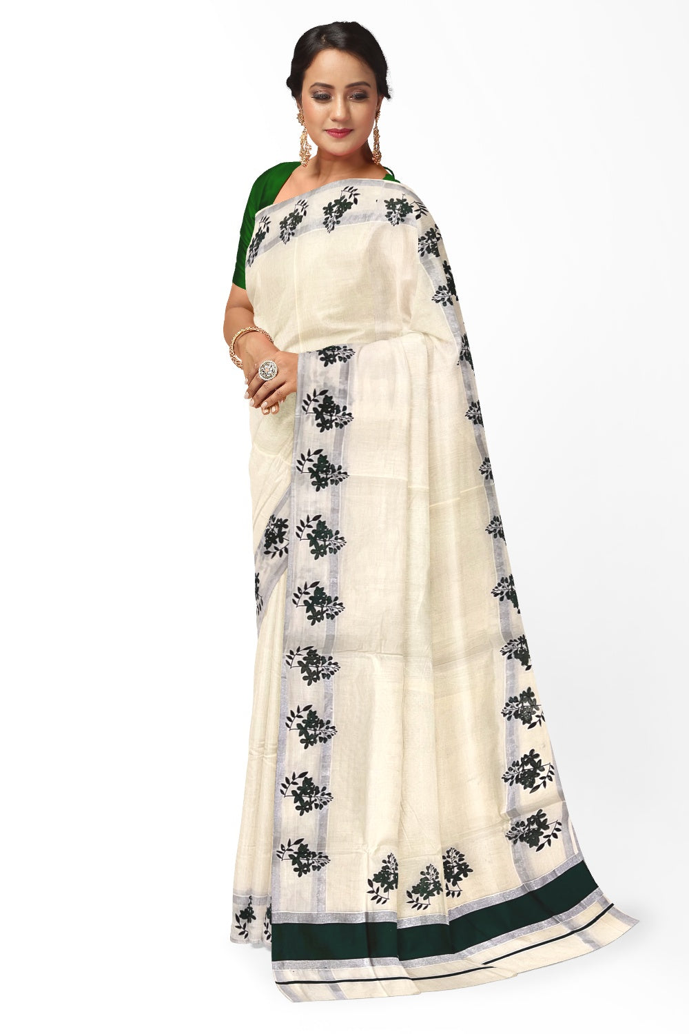 Pure Cotton Kerala Silver Kasavu Saree with Dark Green Floral Block Printed Border
