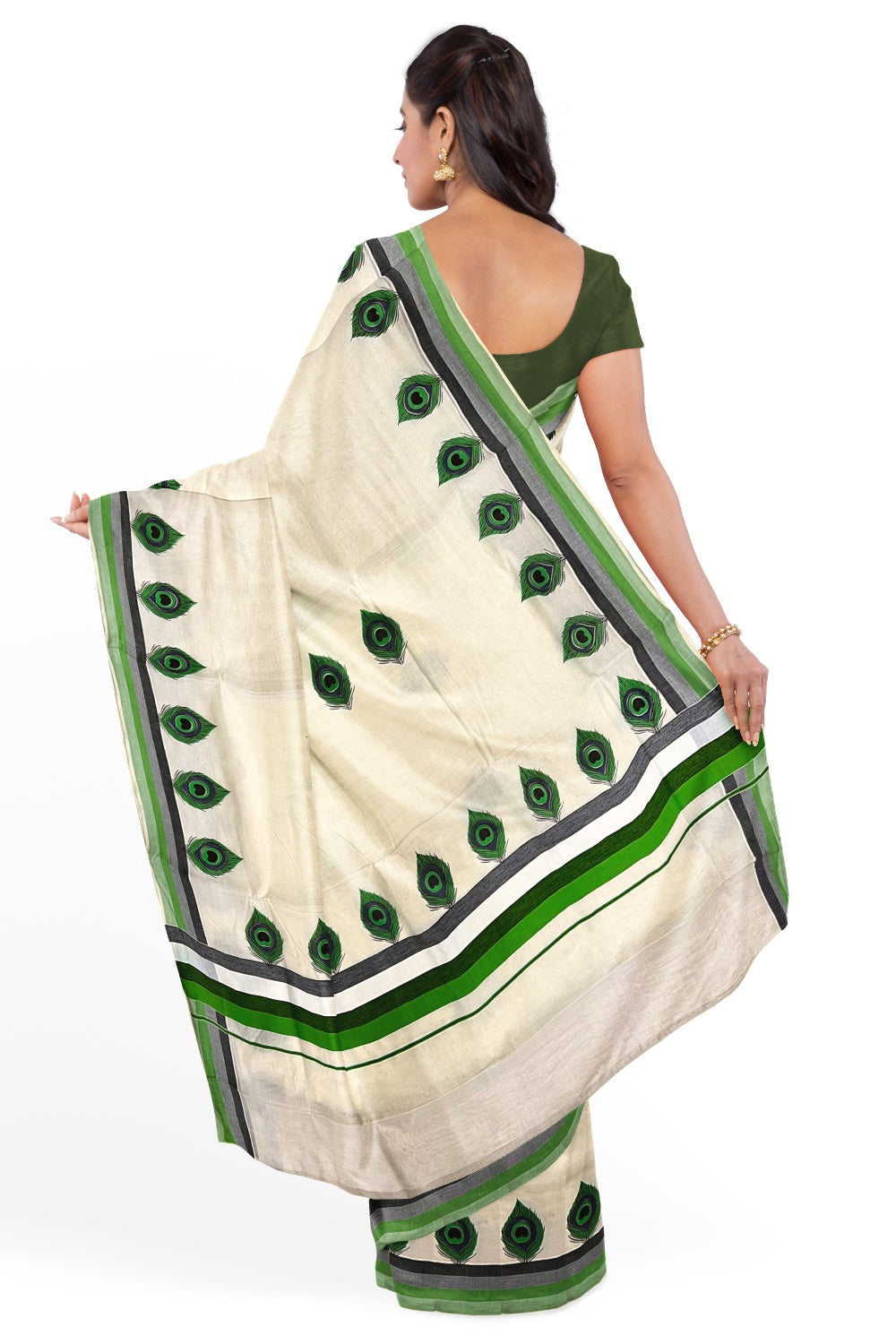 Kerala Cotton Saree with Green Peacock Feather Mural Printed and Multi Colour Border