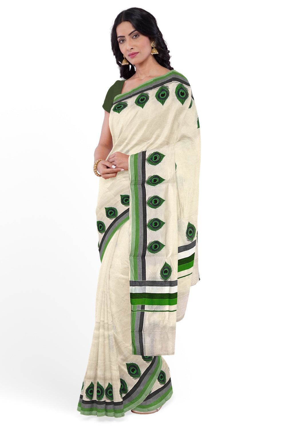 Kerala Cotton Saree with Green Peacock Feather Mural Printed and Multi Colour Border