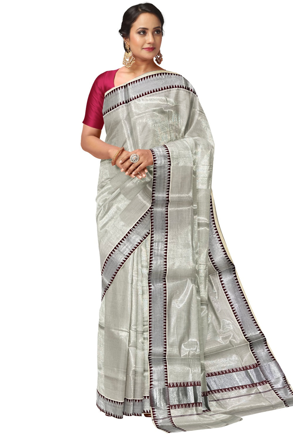 Kerala Silver Tissue Kasavu Saree with Red Temple Border