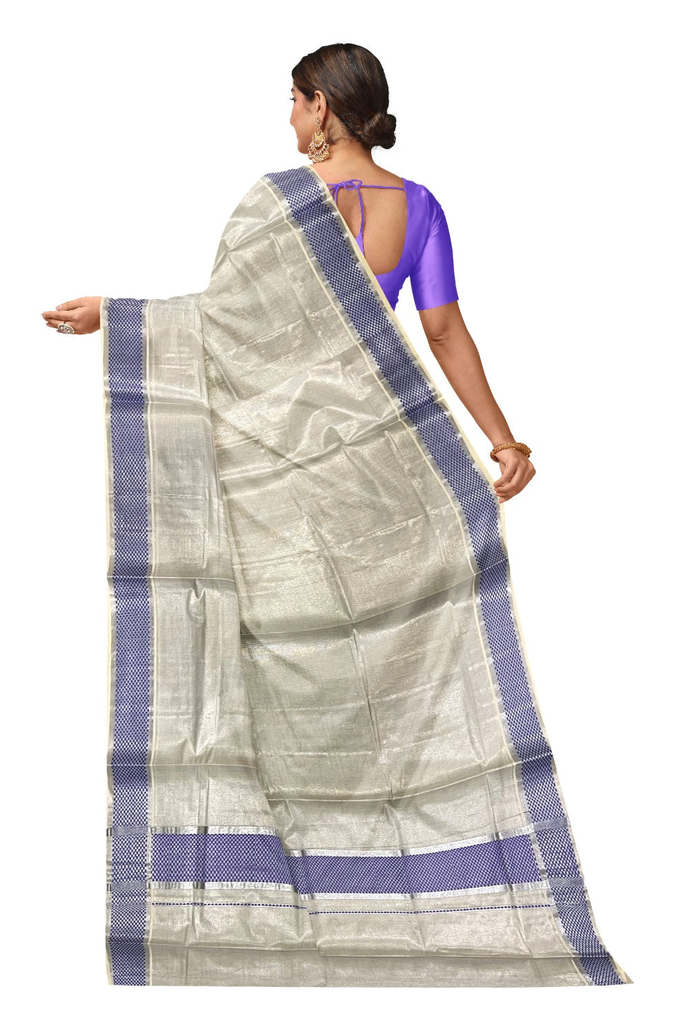 Kerala Silver Tissue Kasavu Saree with Violet Paa Neythu Border
